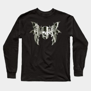 Metallic Horned Bat Skull with Wings Design Long Sleeve T-Shirt